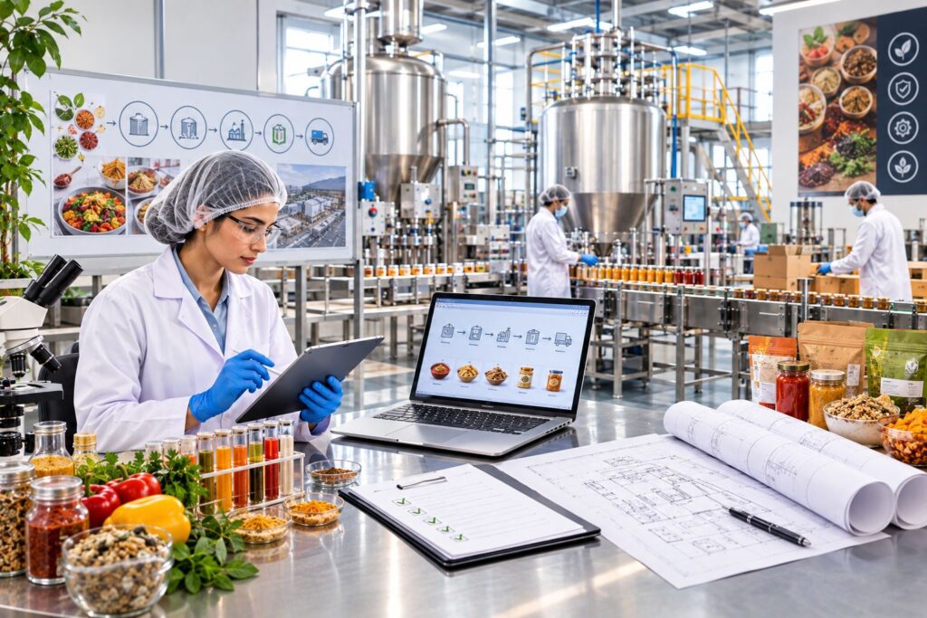 Food technologist overseeing turnkey food factory setup and production planning