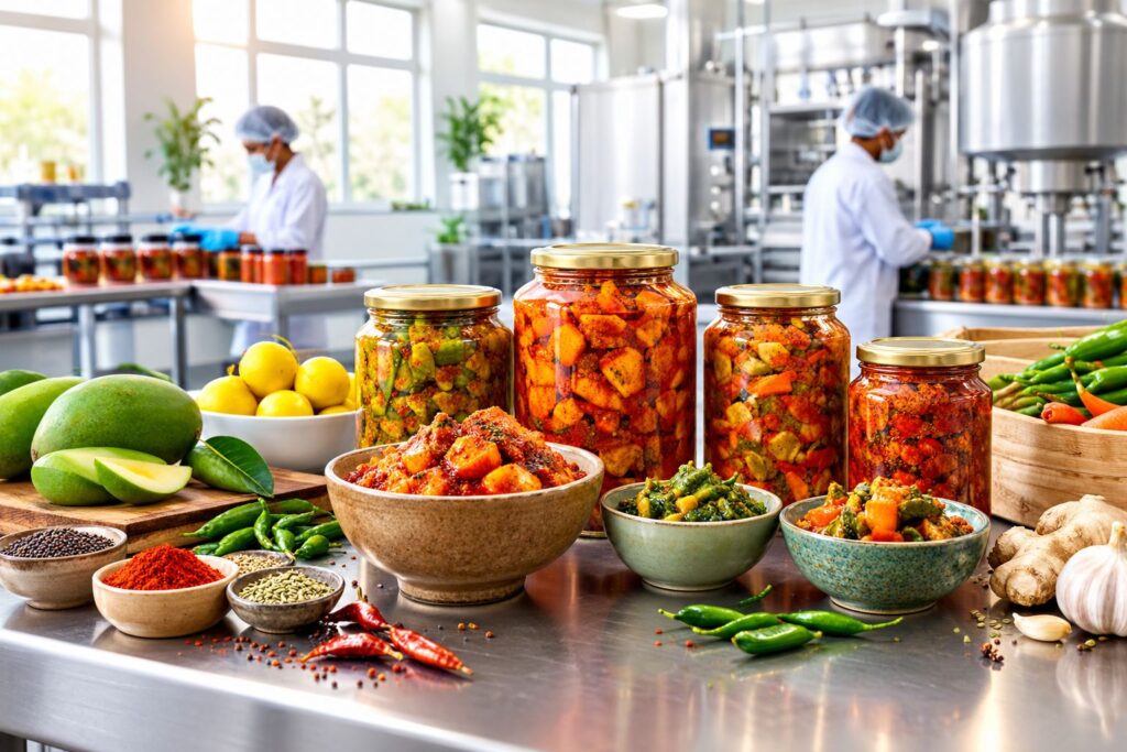 Indian pickle market featuring assorted pickles, spices, mangoes, lemons and modern pickle production
